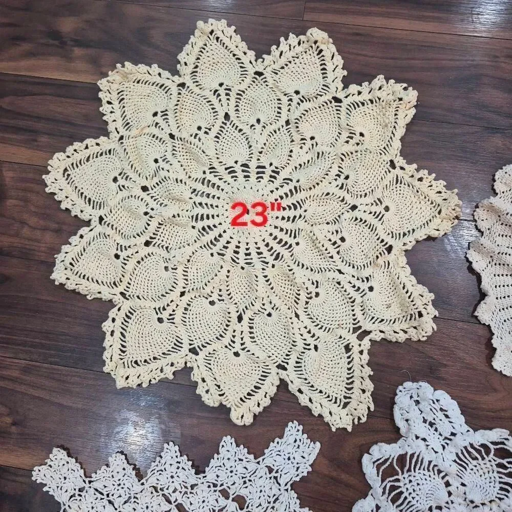 Crochet, 6 Vintage Large White & Ecru Cotton Doilies, Handmade